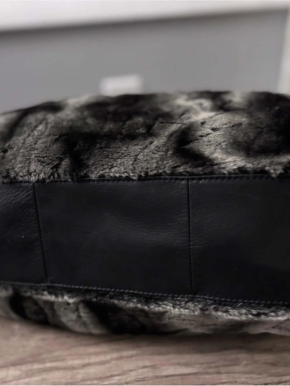 b. makowsky Black & Gray Faux chinchilla Fur and Leather Tote